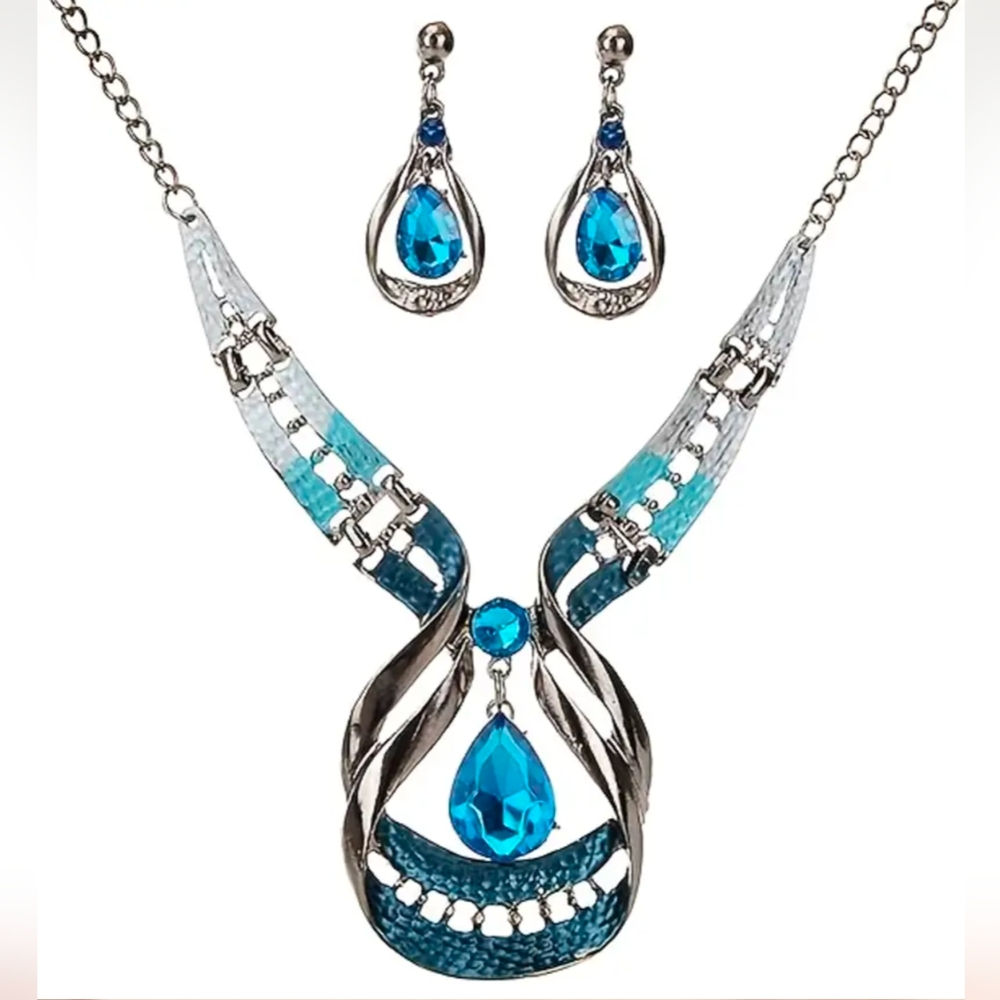 Water Drop Shape Necklace Earrings, Faux Sapphire Pendant Clavicle Jewelry Set